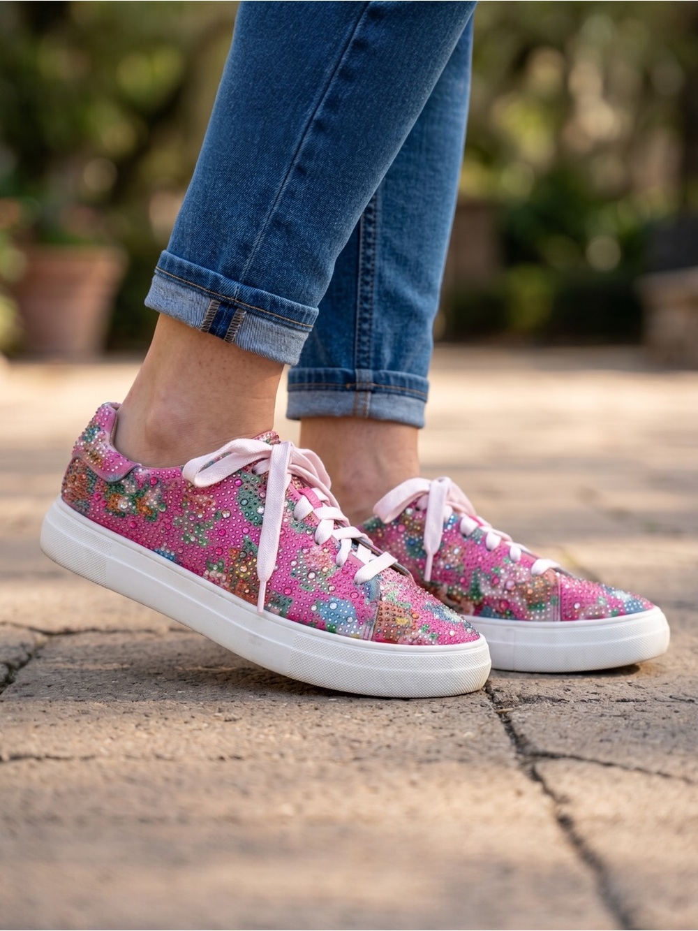 SHEIN Rhinestone Platform Sneakers Pink Floral Bling Shoes Size 8.5